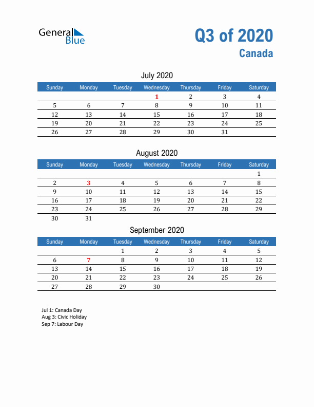 Canada 2020 Quarterly Calendar with Sunday Start