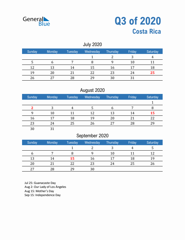 Costa Rica 2020 Quarterly Calendar with Sunday Start