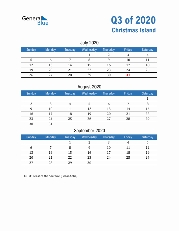Christmas Island 2020 Quarterly Calendar with Sunday Start