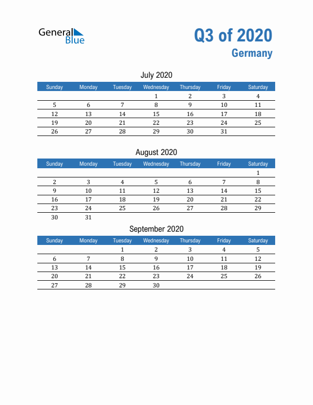 Germany 2020 Quarterly Calendar with Sunday Start