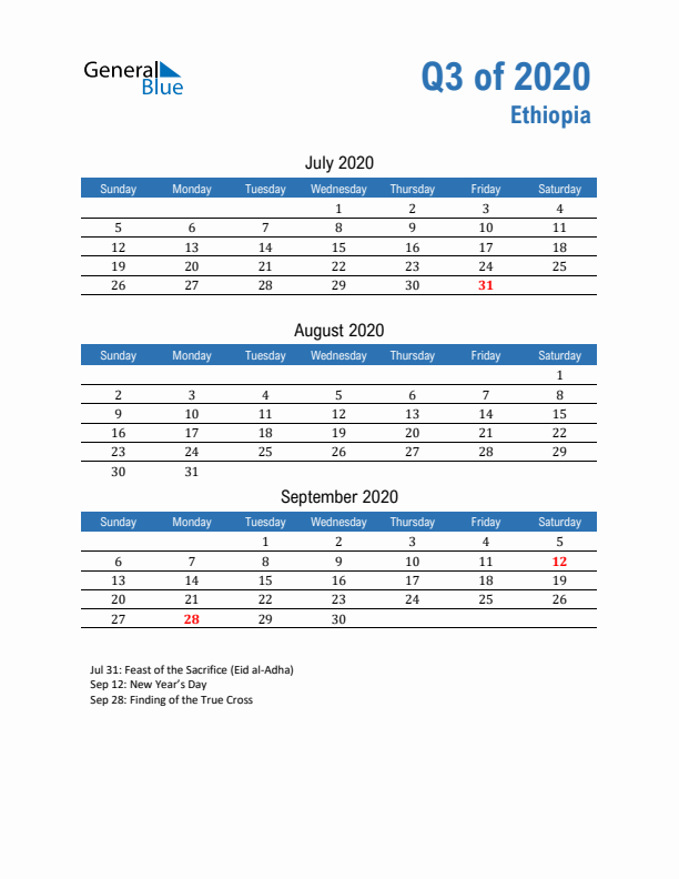 Ethiopia 2020 Quarterly Calendar with Sunday Start