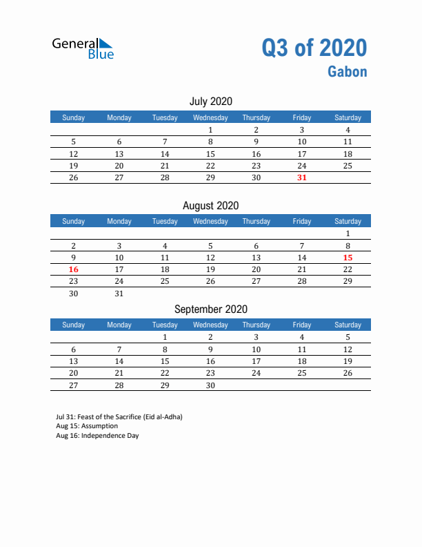 Gabon 2020 Quarterly Calendar with Sunday Start