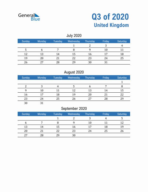 United Kingdom 2020 Quarterly Calendar with Sunday Start