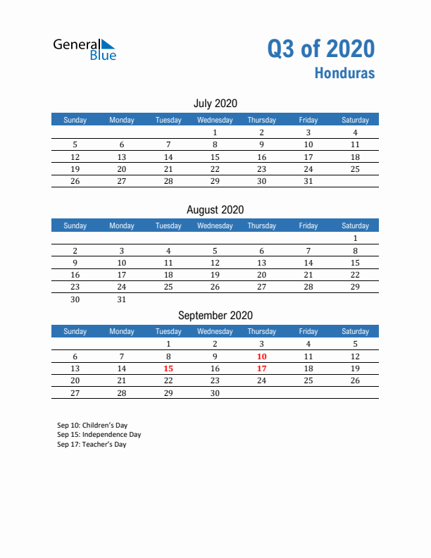 Honduras 2020 Quarterly Calendar with Sunday Start