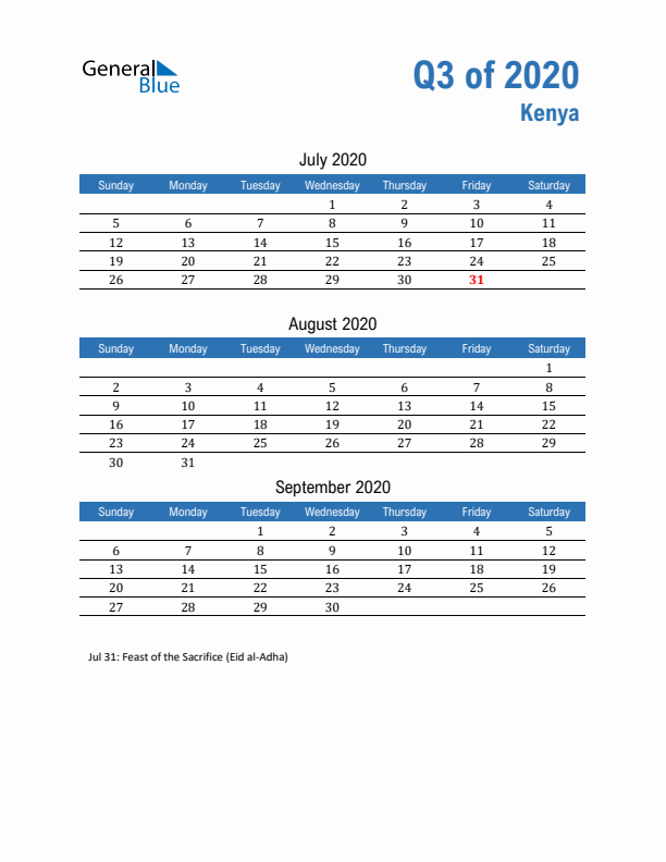 Kenya 2020 Quarterly Calendar with Sunday Start