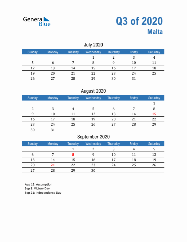 Malta 2020 Quarterly Calendar with Sunday Start