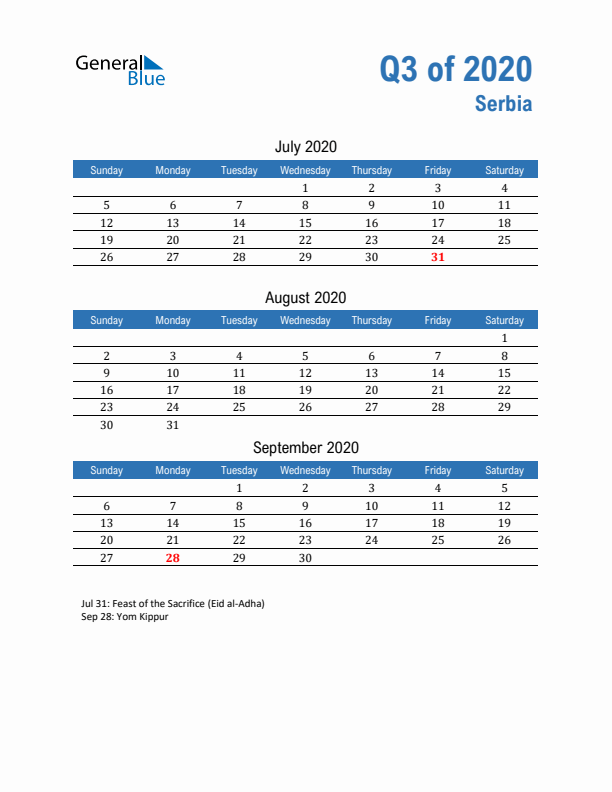 Serbia 2020 Quarterly Calendar with Sunday Start