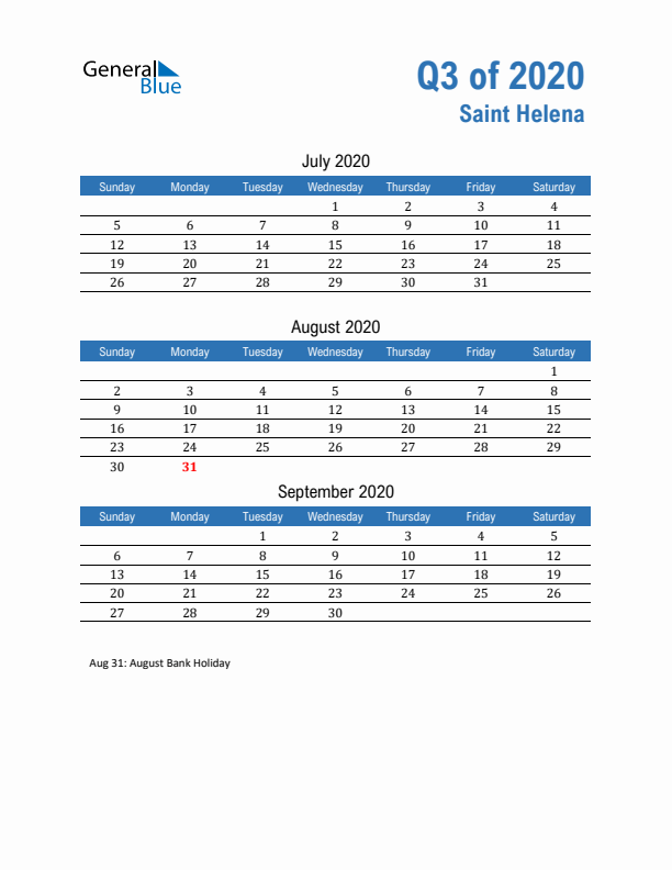 Saint Helena 2020 Quarterly Calendar with Sunday Start