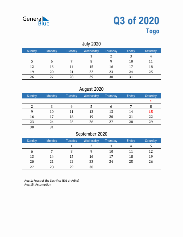 Togo 2020 Quarterly Calendar with Sunday Start