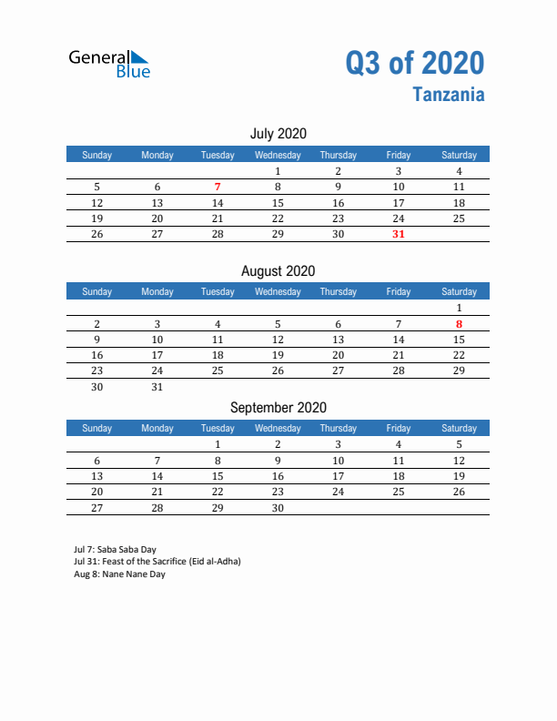 Tanzania 2020 Quarterly Calendar with Sunday Start