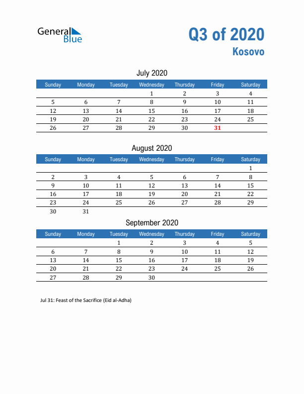 Kosovo 2020 Quarterly Calendar with Sunday Start
