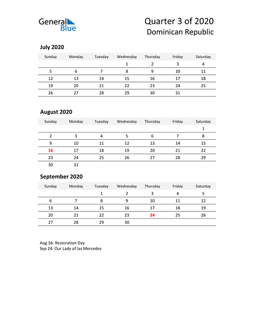  2020 Three-Month Calendar for Dominican Republic
