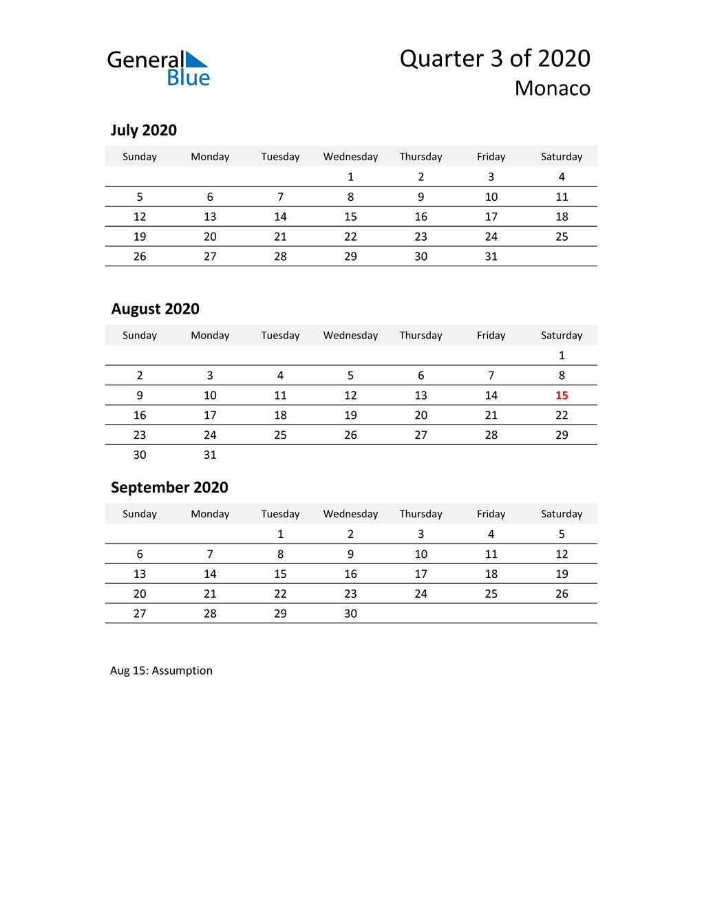  2020 Three-Month Calendar for Monaco