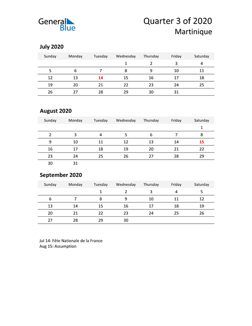  2020 Three-Month Calendar for Martinique