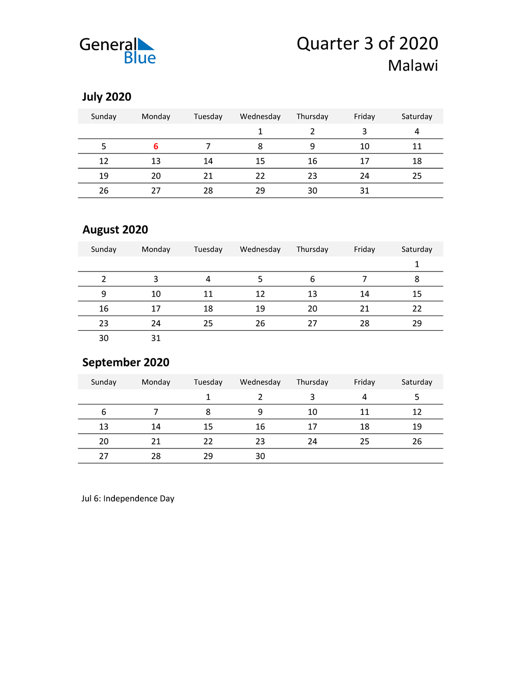  2020 Three-Month Calendar for Malawi