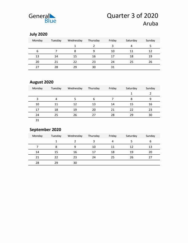 2020 Three-Month Calendar for Aruba