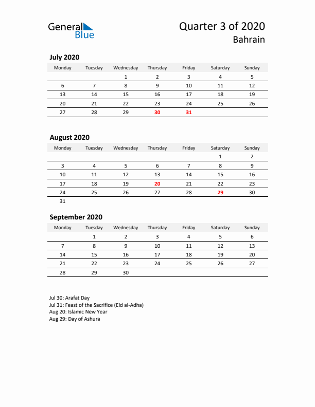 2020 Three-Month Calendar for Bahrain