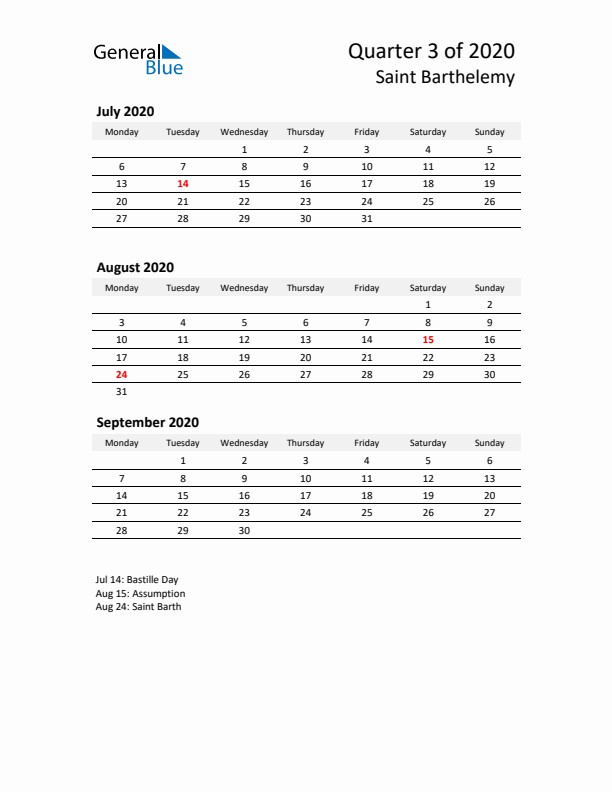 2020 Three-Month Calendar for Saint Barthelemy