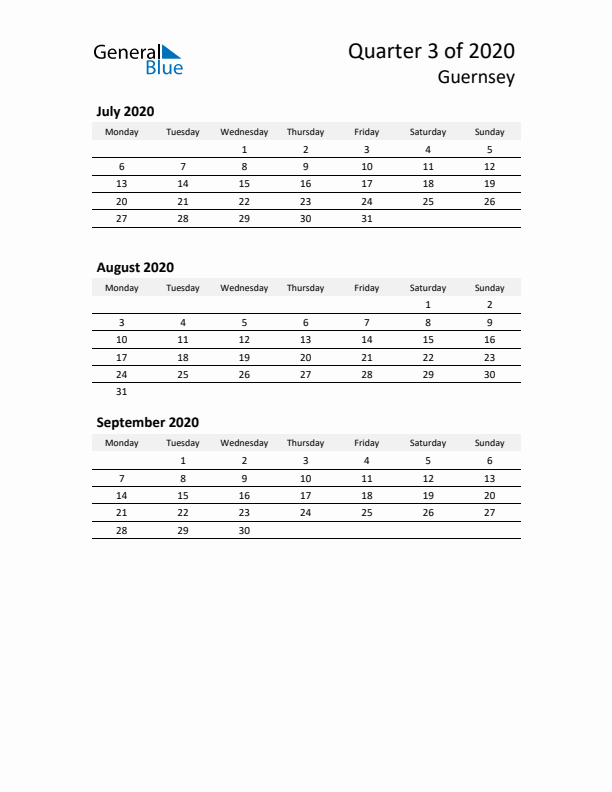 2020 Three-Month Calendar for Guernsey