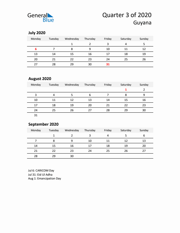 2020 Three-Month Calendar for Guyana