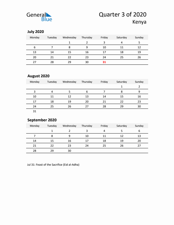 2020 Three-Month Calendar for Kenya