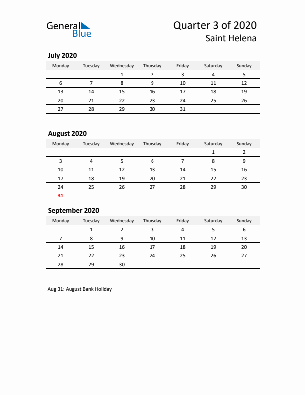 2020 Three-Month Calendar for Saint Helena
