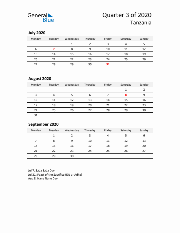 2020 Three-Month Calendar for Tanzania