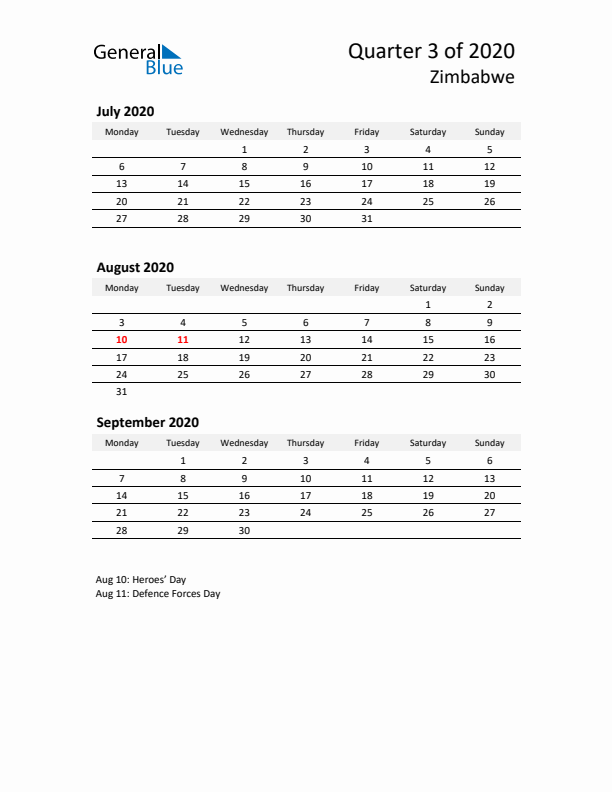 2020 Three-Month Calendar for Zimbabwe