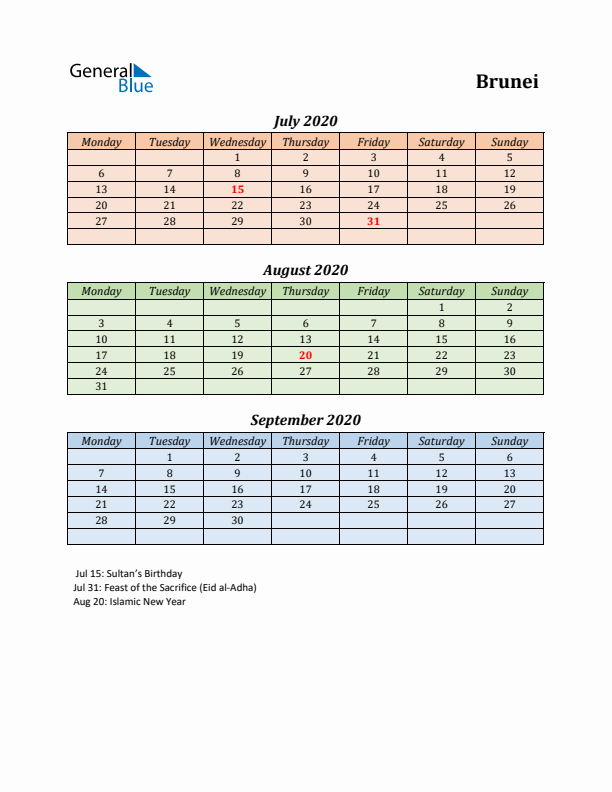 Q3 2020 Holiday Calendar - Brunei