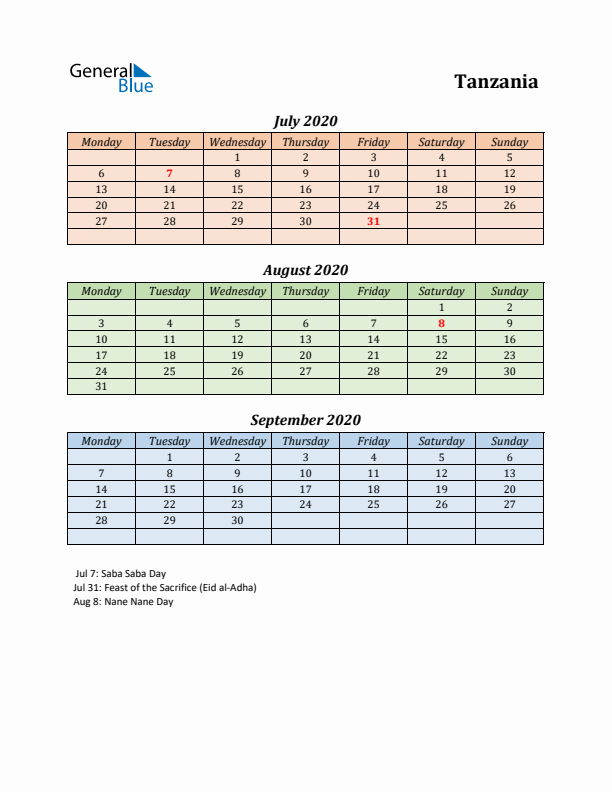 Q3 2020 Holiday Calendar - Tanzania