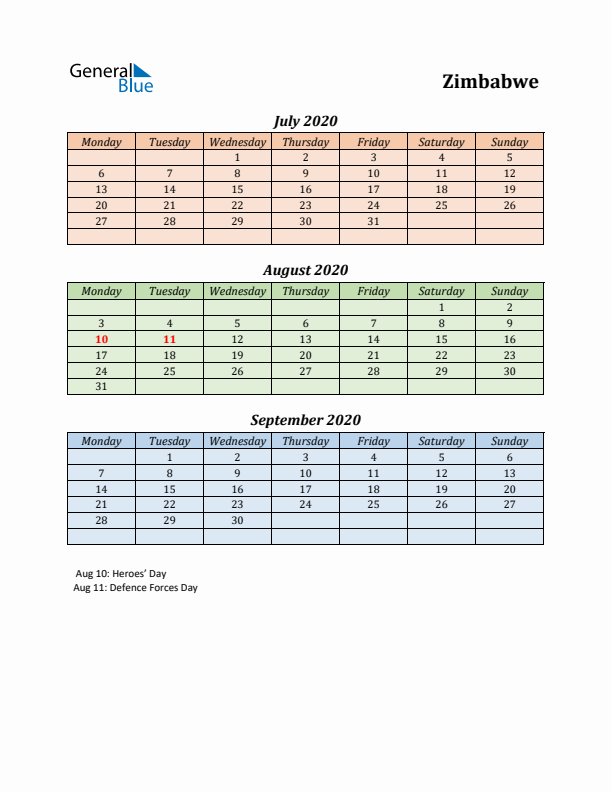 Q3 2020 Holiday Calendar - Zimbabwe