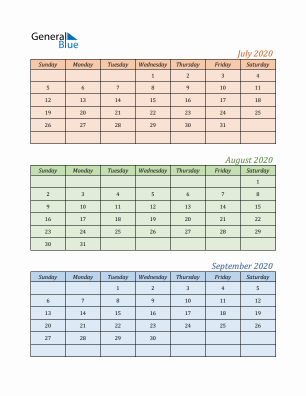 Three-Month Calendar for Year 2020 (July, August, and September)