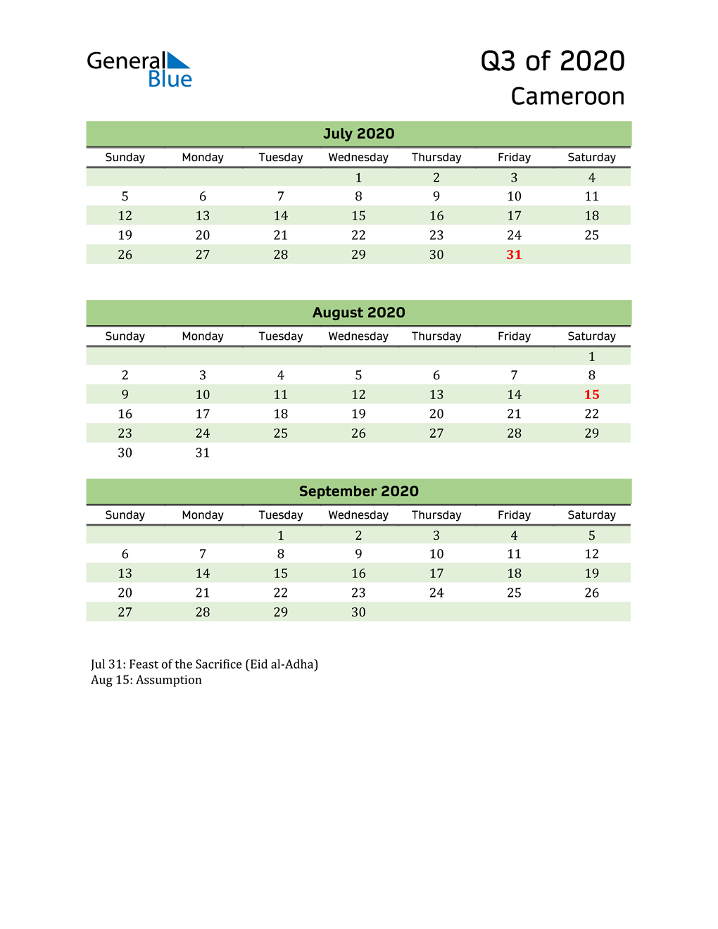  Quarterly Calendar 2020 with Cameroon Holidays 