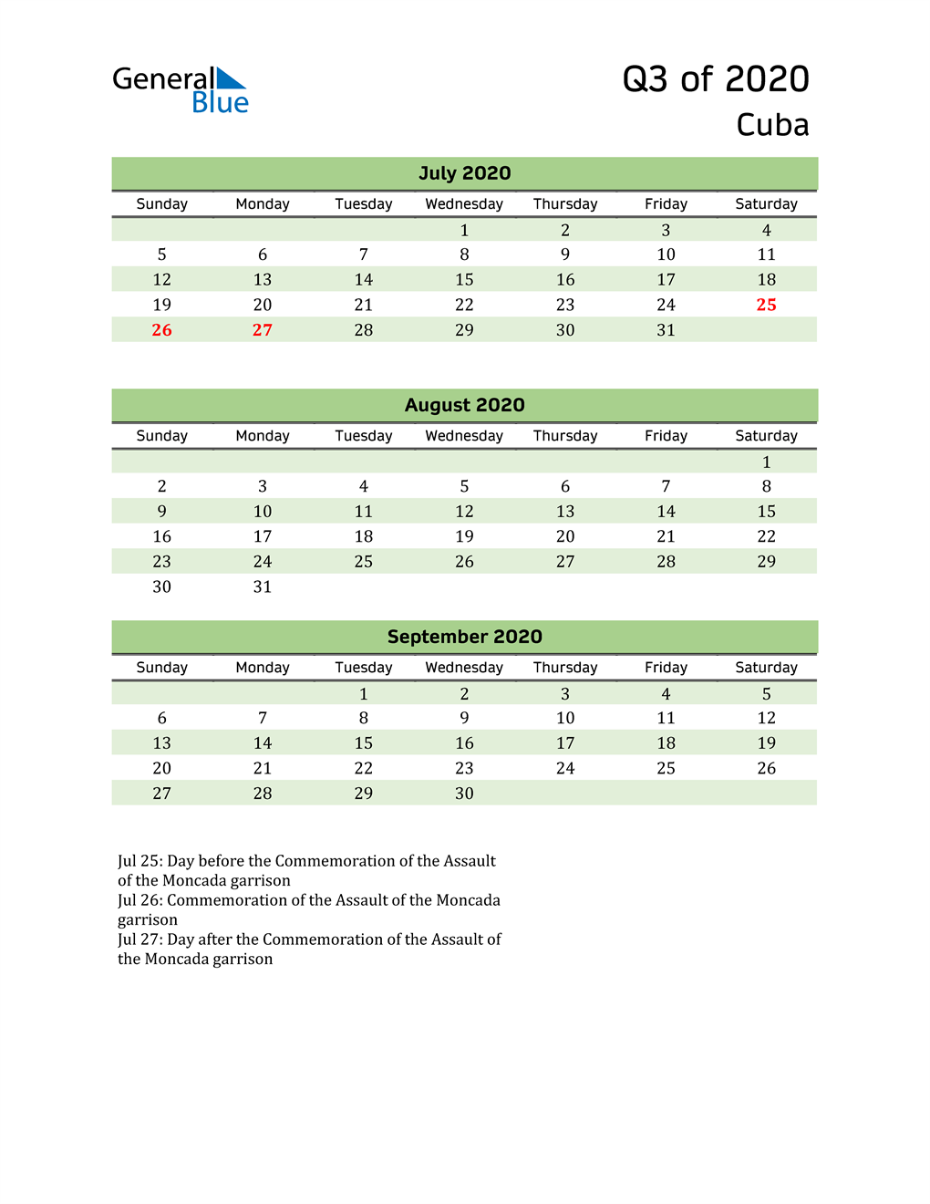  Quarterly Calendar 2020 with Cuba Holidays 