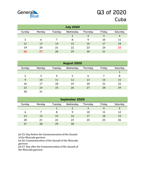  Quarterly Calendar 2020 with Cuba Holidays 