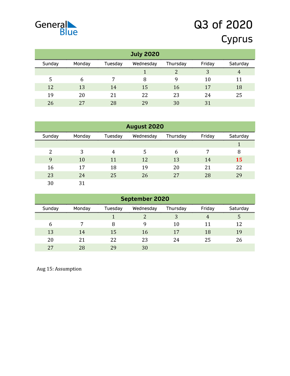  Quarterly Calendar 2020 with Cyprus Holidays 