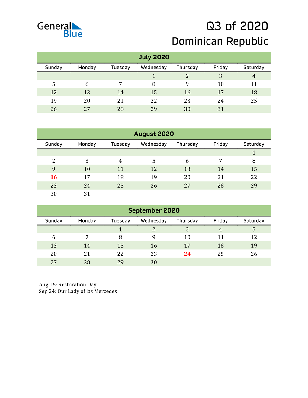  Quarterly Calendar 2020 with Dominican Republic Holidays 