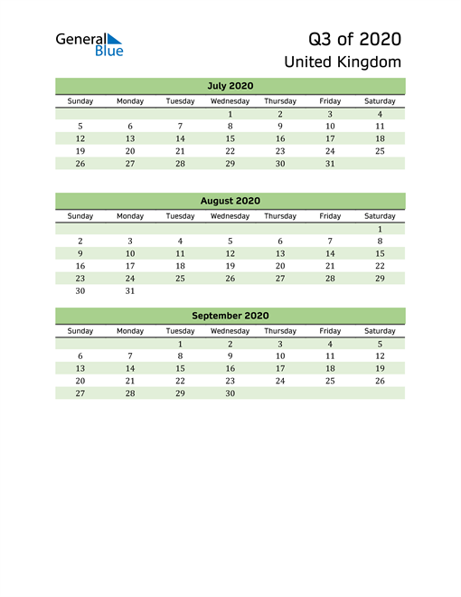 Quarterly Calendar 2020 with United Kingdom Holidays 