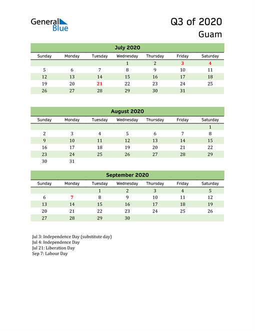  Quarterly Calendar 2020 with Guam Holidays 