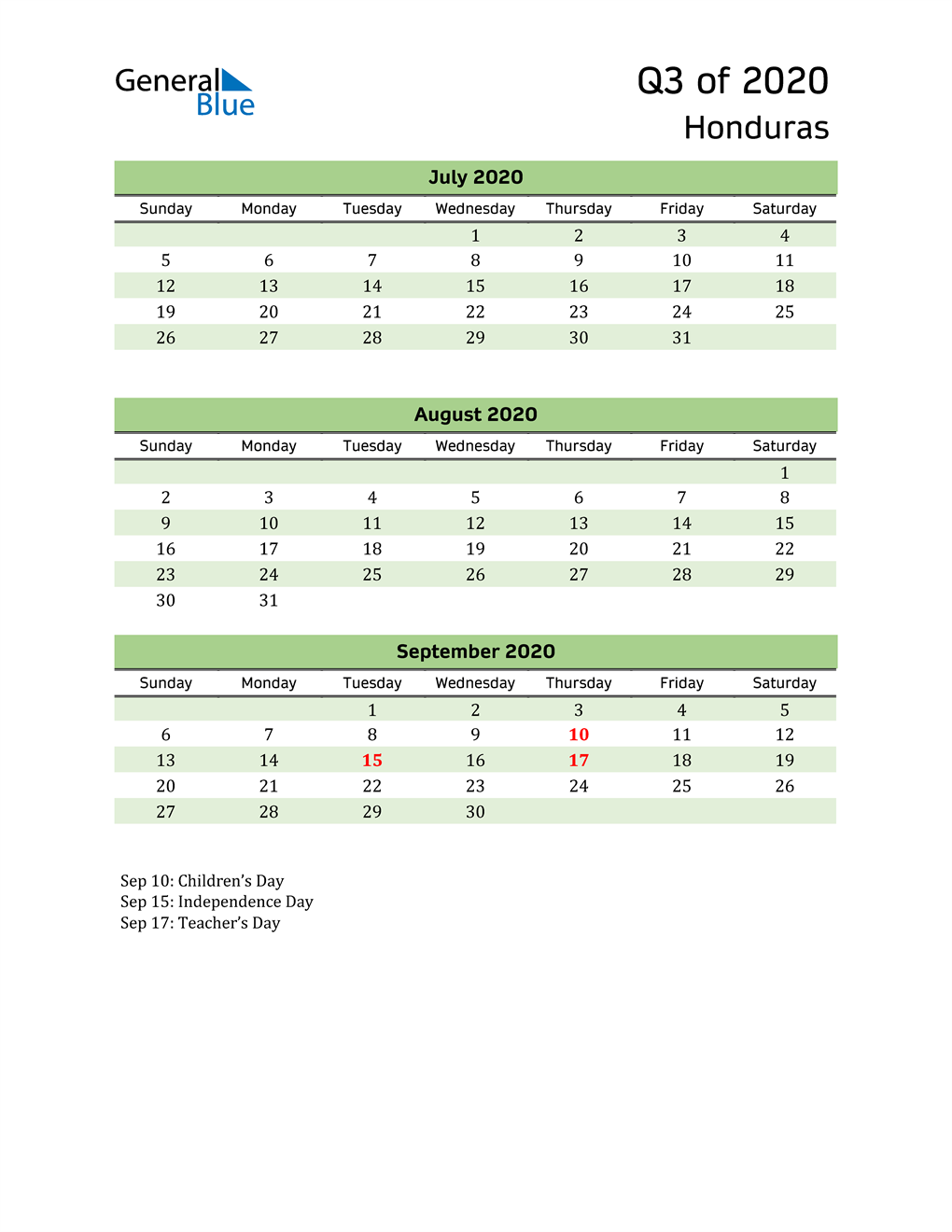  Quarterly Calendar 2020 with Honduras Holidays 
