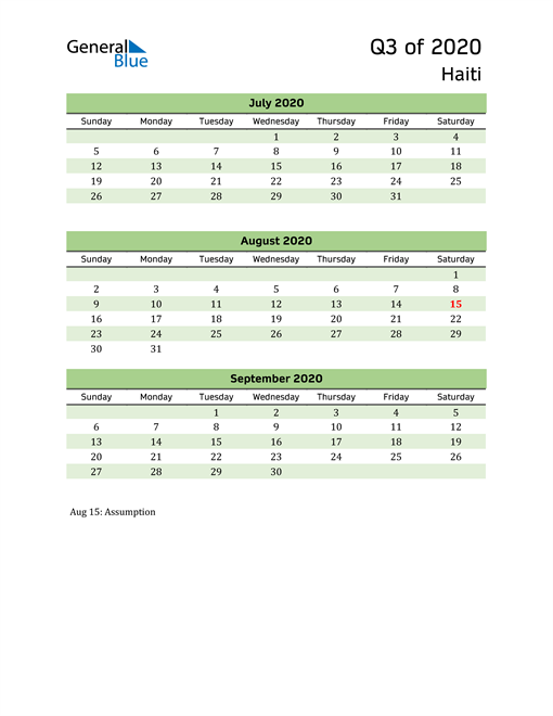  Quarterly Calendar 2020 with Haiti Holidays 