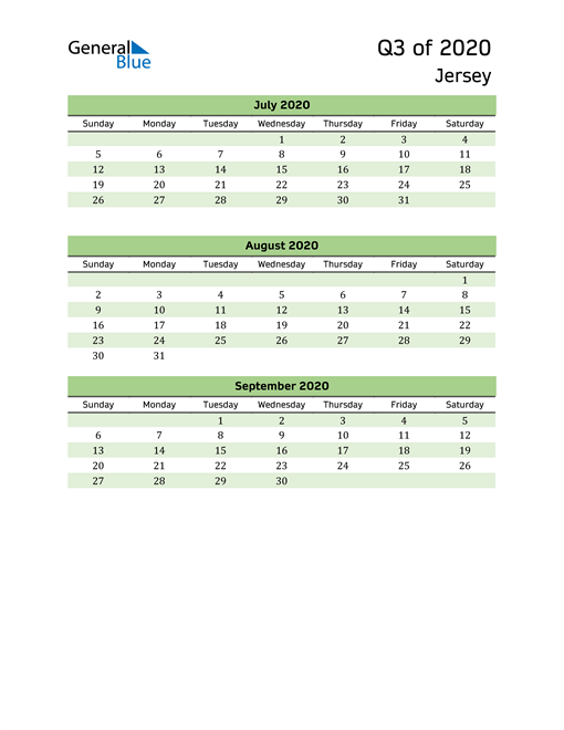  Quarterly Calendar 2020 with Jersey Holidays 