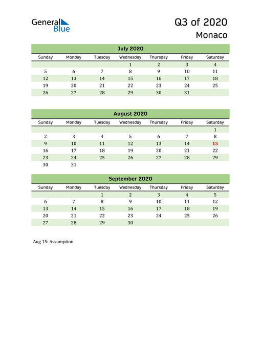  Quarterly Calendar 2020 with Monaco Holidays 