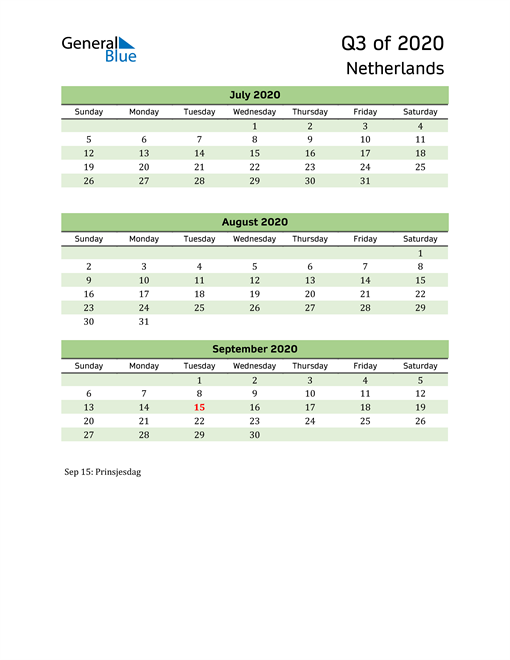  Quarterly Calendar 2020 with Netherlands Holidays 