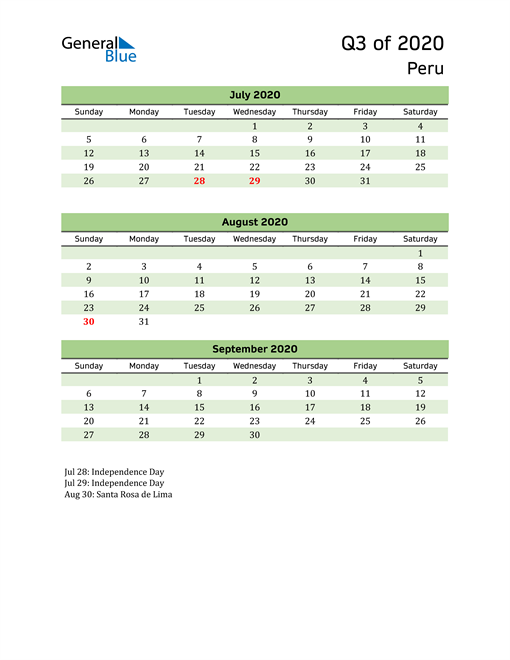  Quarterly Calendar 2020 with Peru Holidays 