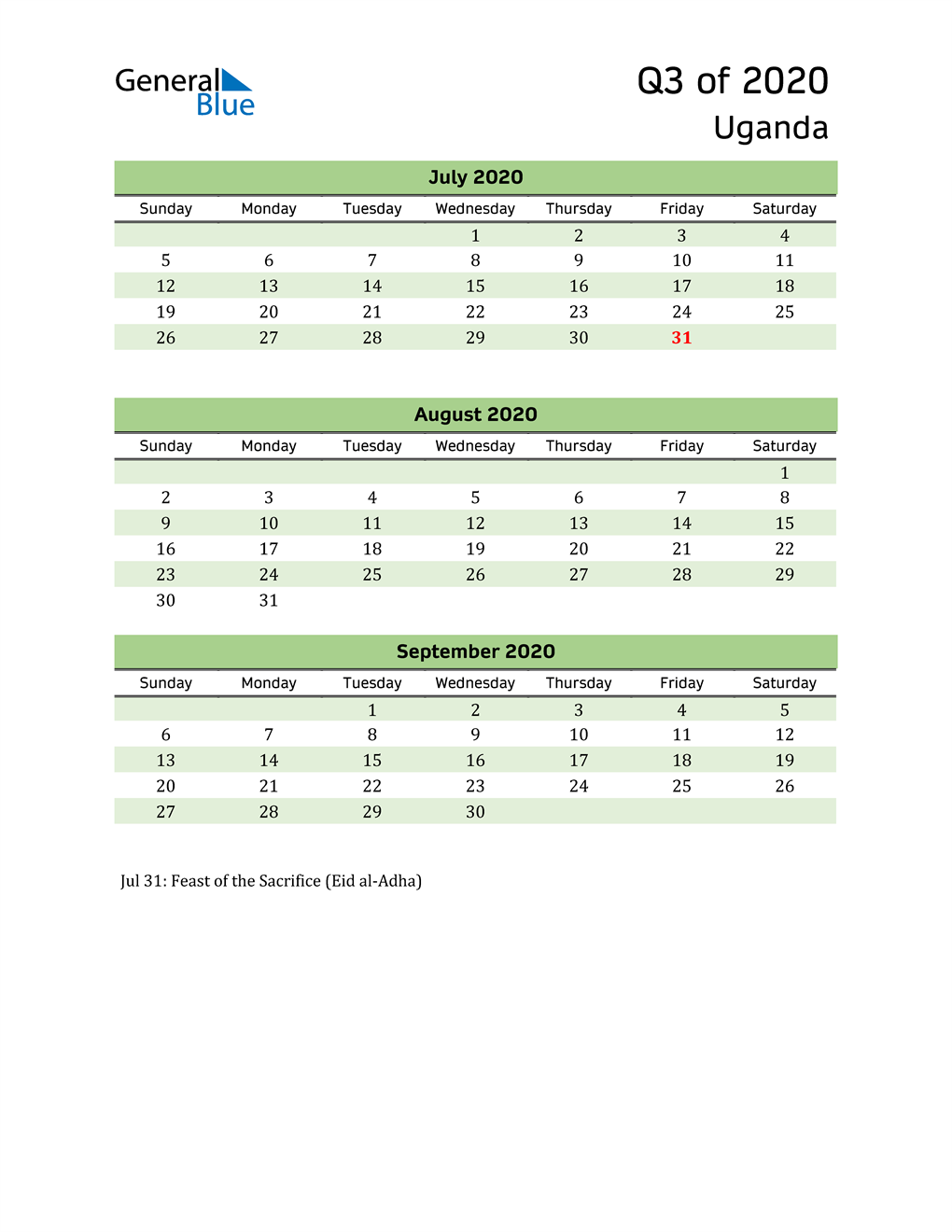  Quarterly Calendar 2020 with Uganda Holidays 