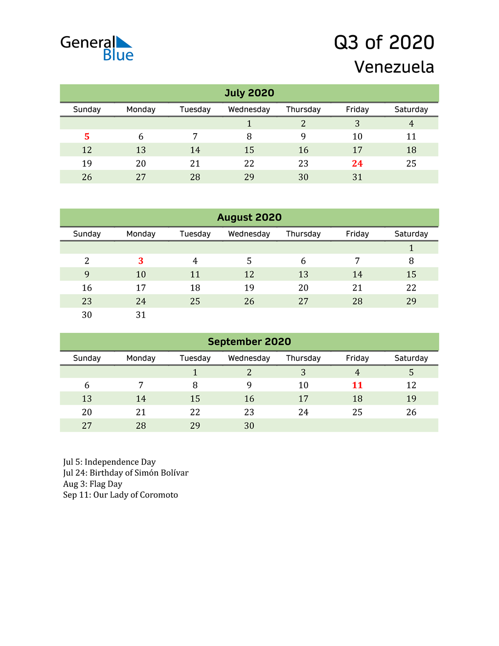 Quarterly Calendar 2020 with Venezuela Holidays 