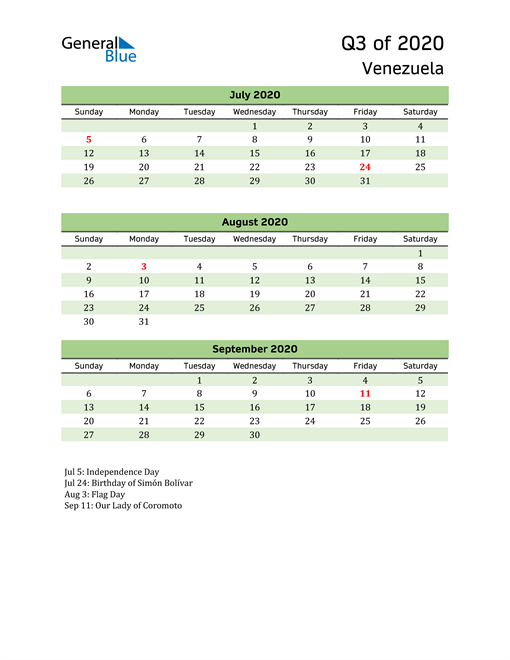  Quarterly Calendar 2020 with Venezuela Holidays 