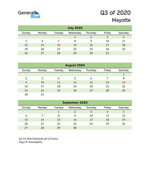  Quarterly Calendar 2020 with Mayotte Holidays 