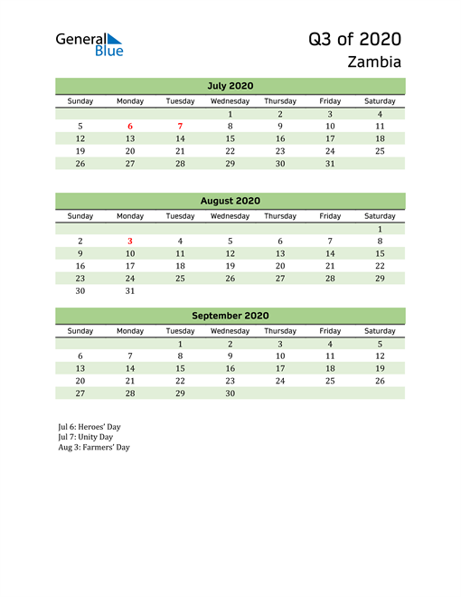 Quarterly Calendar 2020 with Zambia Holidays 
